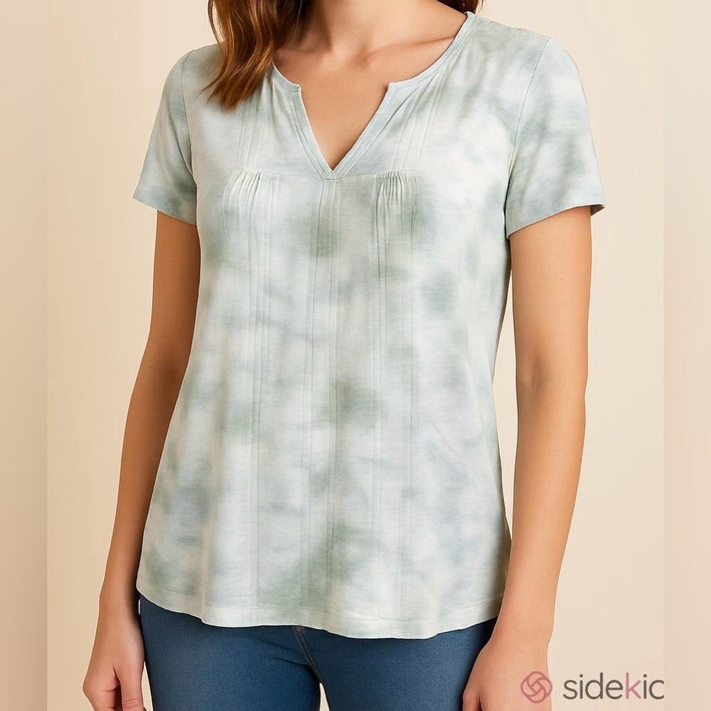 Knox Rose Green White Tie Dye Short Sleeve Lace Panel Casual Top Size Small